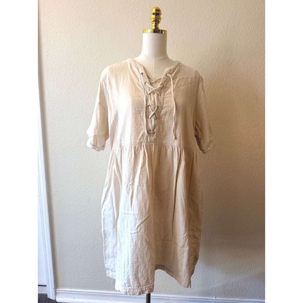 Old Navy Womens Cotton Dress XL Beige Cream Lace Up Babydoll Boho